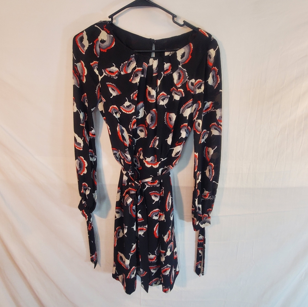 Milly Of New York Women's Size 2 Black Floral Silk Pleated Top Waist Tie Dress